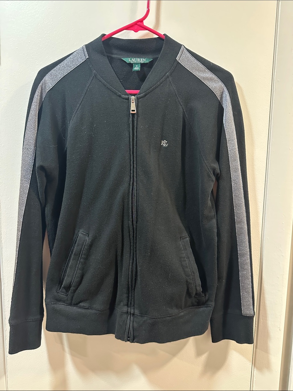 Lauren Ralph Lauren Black Zip-Up Jacket with Silver Shoulder Stripes